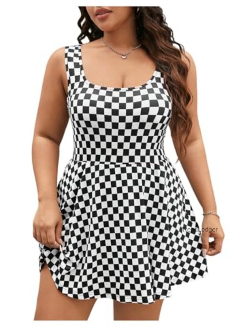 Plus Size Checkered Mini Romper Dress with Built in Shorts Sleeveless Ruffle Hem